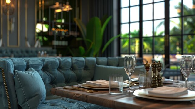 A mockup frame with a window and a sofa, dining table, and sofa in an elegant restaurant interior