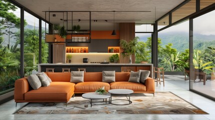 The interior of a modern home living room with a sofa and bar island, as well as a panoramic window