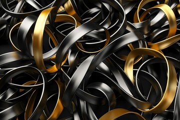 3D abstract background of looping, metallic ribbons in black and gold