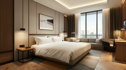 The interior of a modern hotel bedroom with a workstation and bed. Mockup frame.