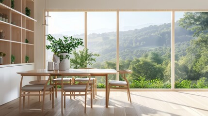 This is a modern dining room interior with wood tables, chairs, and shelving against a large window with a view of nature. It has a contemporary design with a light background.