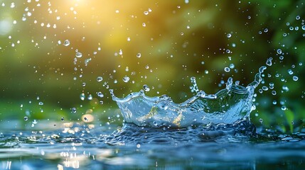 Close-up of a water splash droplet in nature, capturing the dynamic and refreshing movement of water in a natural setting.
