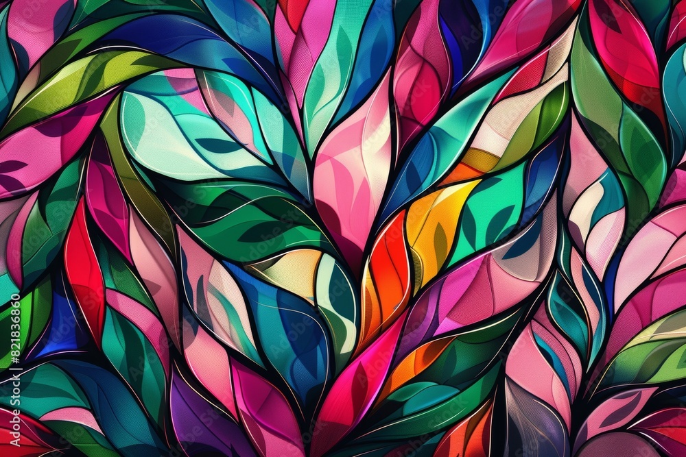 Poster a vibrant abstract background featuring an array of colorful leaves, each leaf rendered in different
