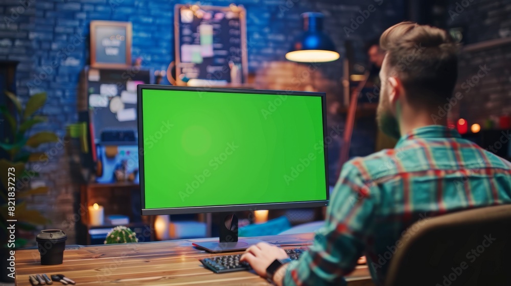 Poster man working on computer with green mock-up screen. chalkboard wall with man drawing in the backgroun