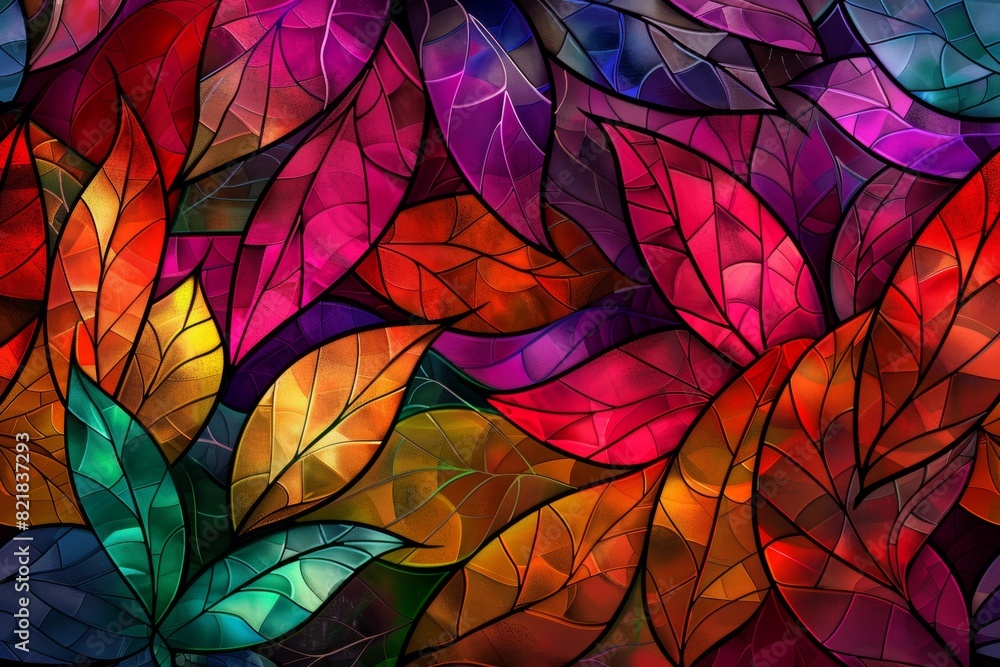 Poster a vibrant abstract background featuring an array of colorful leaves, each leaf rendered in different
