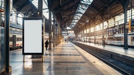 In the heart of the train station, a lightbox vertical billboard with a blank digital screen stands out. This mockup, featuring a white poster, is ideal for displaying public information or ads to 