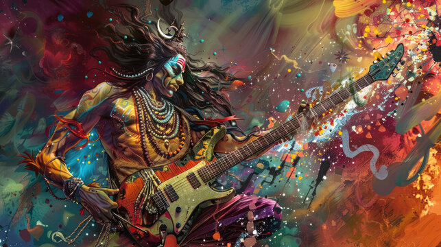 lord shiva as a heavy metal guitarist in a concert.