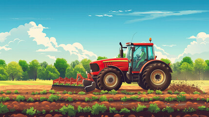Fototapeta premium A bright red tractor harvests crops on a lush farm field under a clear, sunny sky, harvesting, poster, copy space