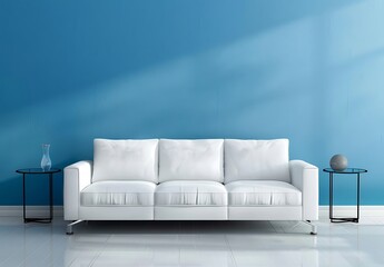 Modern interior design of living room with white leather sofa and side tables against blue wall background