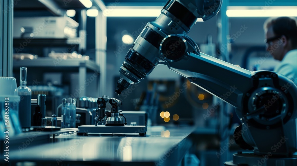 Poster an advanced robotic arm is moving a metal object. a senior engineer discusses this advanced process 