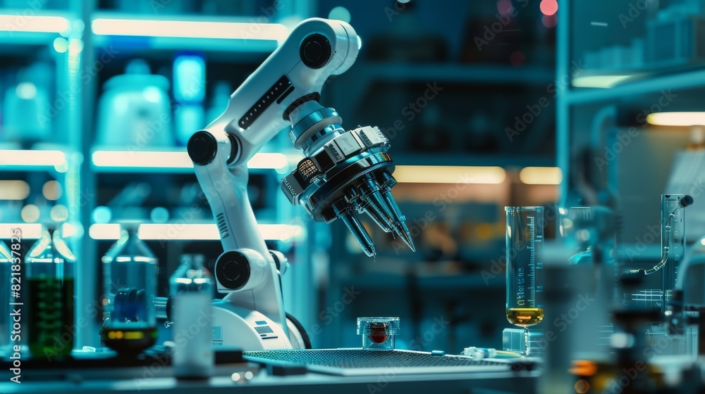 Aufkleber scene shows a futuristic artificial intelligence robot arm manipulating a metal object, picking it u