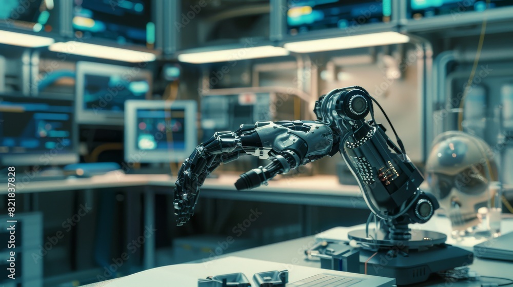 Poster an image of a futuristic robot arm on a desk in a high-tech research laboratory featuring modern tec