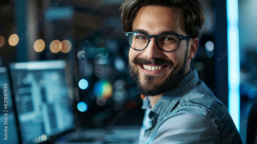 Poster software developer poses in a technical room with unfocused screens using a personal computer. he we