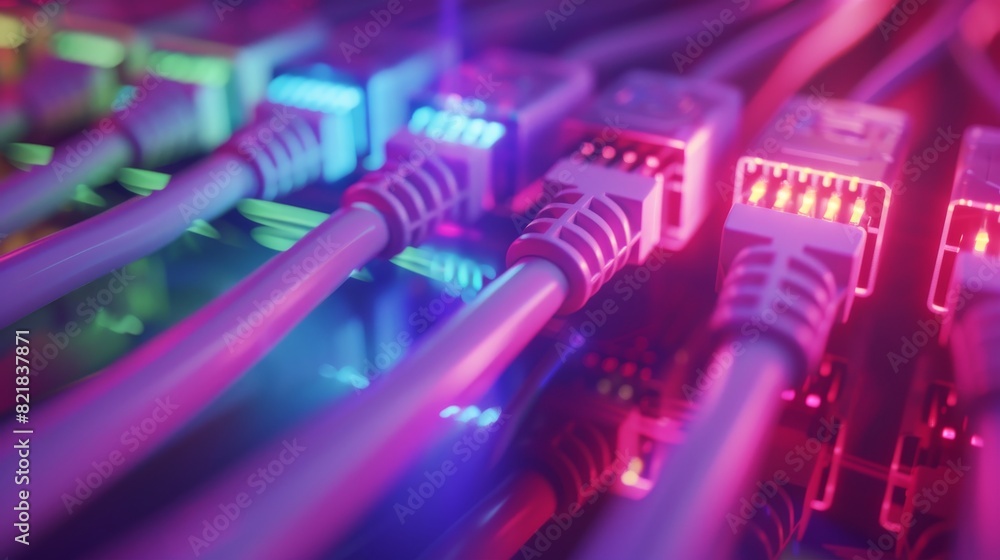 Poster macro shot of ethernet cables connected to router ports with blinking lights. telecommunications: rj