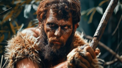 Obraz premium An ancient caveman wearing animal skins and fur holding a stone-tipped spear steps out of his cave into a prehistoric forest. An ancient neanderthal is hunting in a jungle.