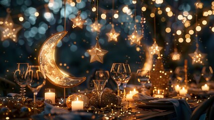 A celestial-themed setup with shimmering star garlands, moon lanterns, and galaxy-inspired tableware.