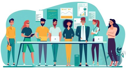 A group of diverse professionals stand around a table in a modern office. They are dressed in business casual attire and are engaged in a meeting.