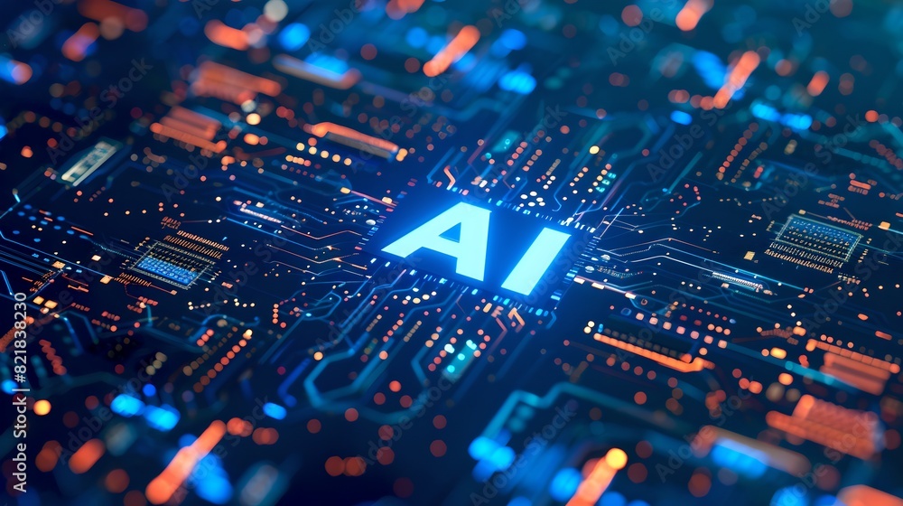 Poster illuminated 'ai' letters on blue circuit board. concept of artificial intelligence, modern technolog