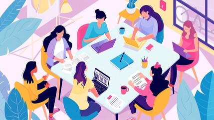 A group of professional women in a meeting, discussing ideas and working together.