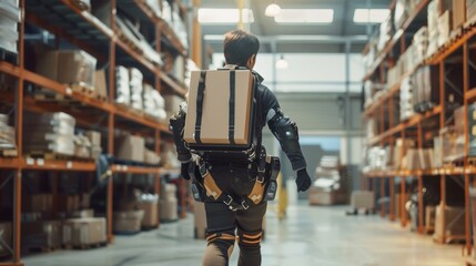 The worker is wearing a high-tech full body powered exoskeleton as he walks with a heavy cardboard box. The exosuit improves human performance, strength, and eliminates work-related injuries.