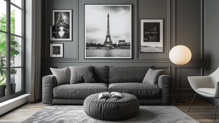 A chic black and white photograph of an iconic landmark or cityscape, exuding timeless elegance and...