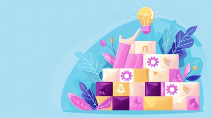 A hand holding a light bulb on top of a stack of blocks. The blocks are decorated with various symbols representing different industries. The background is a light blue color.