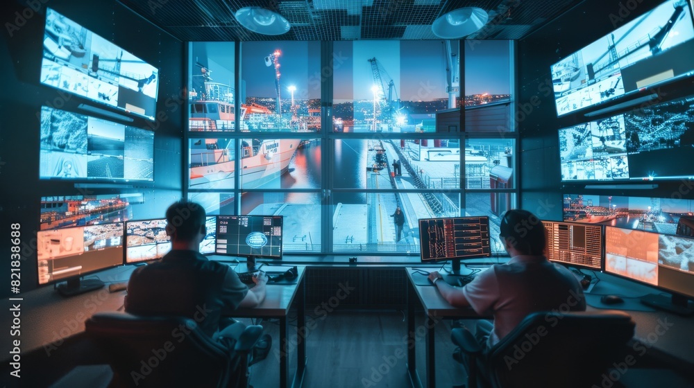 Poster A harbour monitoring center with digital computer screens showing surveillance CCTV video of multiple cameras. Employees sit in front of screens with big data.