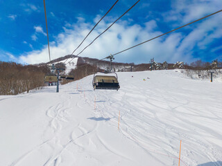 Snow slopes viewed from a chairlift on a sunny day (Madarao Kogen, Nagano, Japan)