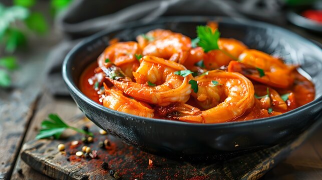 Delicious grilled shrimp in a black bowl, garnished with parsley. Perfect image for culinary blogs and recipe books. Fresh seafood dish photography. AI