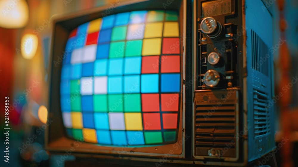 Poster a close-up of a vintage television set displaying a colorful test pattern.