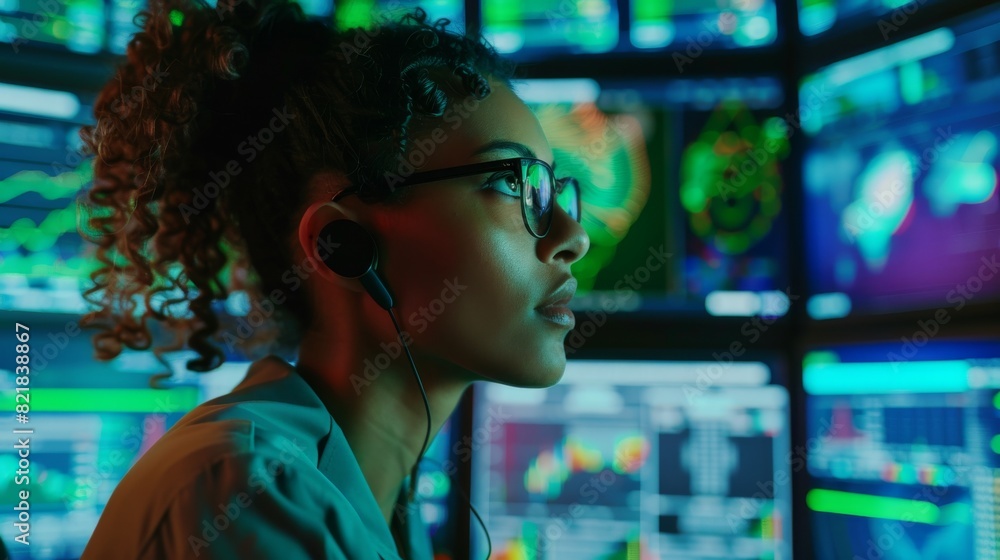 Poster female data scientist works on green chroma key screen computer. experts use computers to display gr