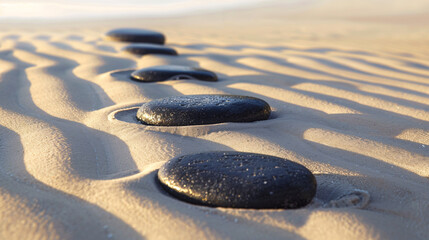 Zen stones in the sand during golden hour.