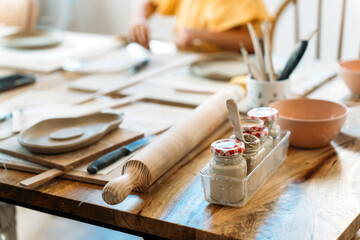 Ceramic workshop. Manufacturing process of ceramic bowls.