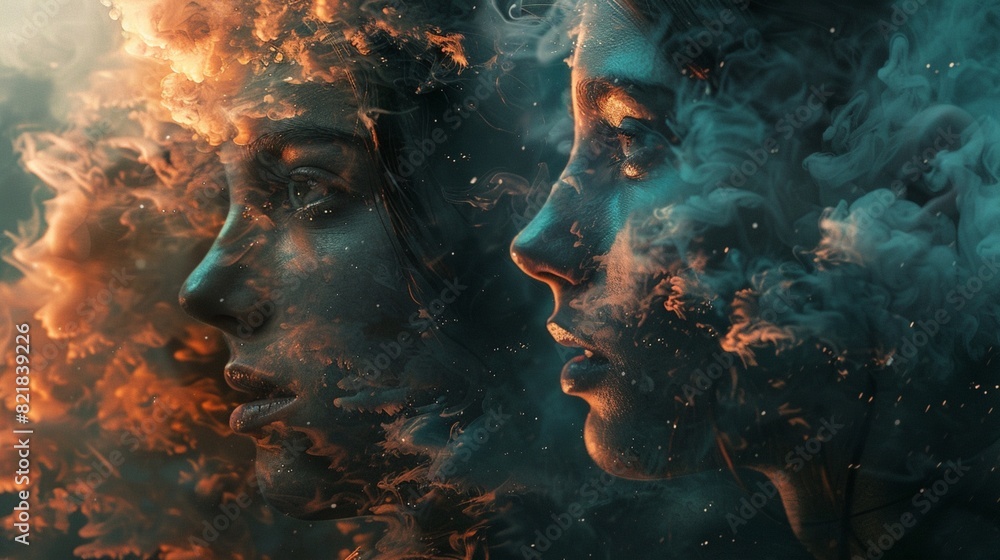 Poster a conceptual portrait of a man and a woman, with symbolic elements and metaphorical imagery, invitin