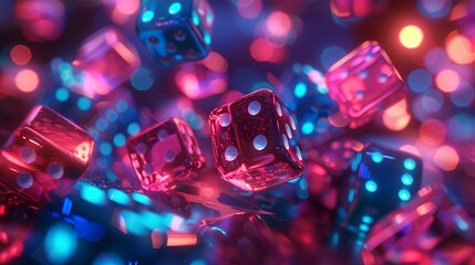 A composition of oversized, glossy dice scattered against a neon-lit background.