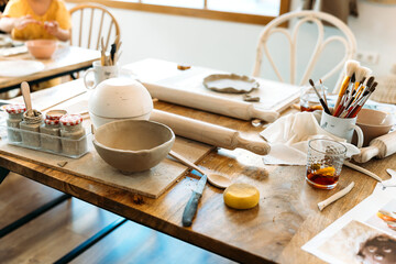 Ceramic workshop. Manufacturing process of ceramic bowls.