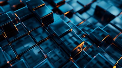 A futuristic screensaver with rectangle abstract texture shapes in shiny dark blue color to be used for video, news reporting, or loading screens.