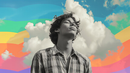 A man is standing in front of a rainbow with a cloud in the background. black and white portrait of young man in casual clothed over rainbow colored background with white cloud on blue sky