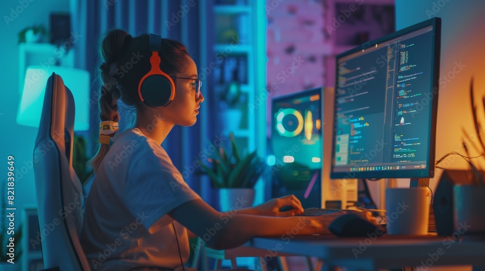 Poster female brazilian developer programming on computer at home. brilliant female programmer working late