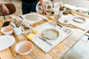 Ceramic workshop. Manufacturing process of ceramic bowls.