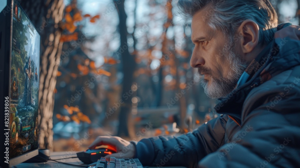 Poster a middle-aged male player plays an online video game on a personal computer. he enjoys a fantasy rpg