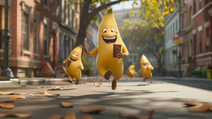 a giant cute, happy banana character runs down the street towards the camera, each holding a bar of chocolate
