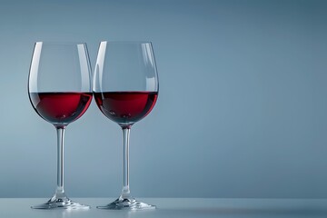 Two glasses of red wine on a solid grey background.