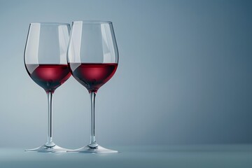 Two glasses of red wine on a solid grey background.