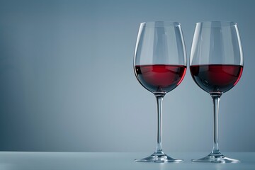 Two glasses of red wine on a solid grey background.