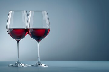 Two glasses of red wine on a solid grey background.