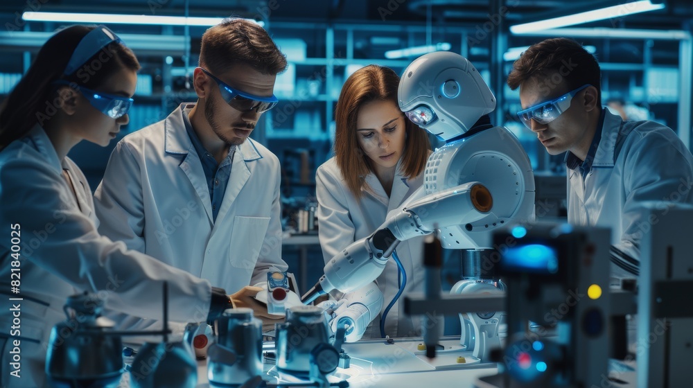 Poster working with robotics engineers on a robot arm project in a scientific technology lab. young team de