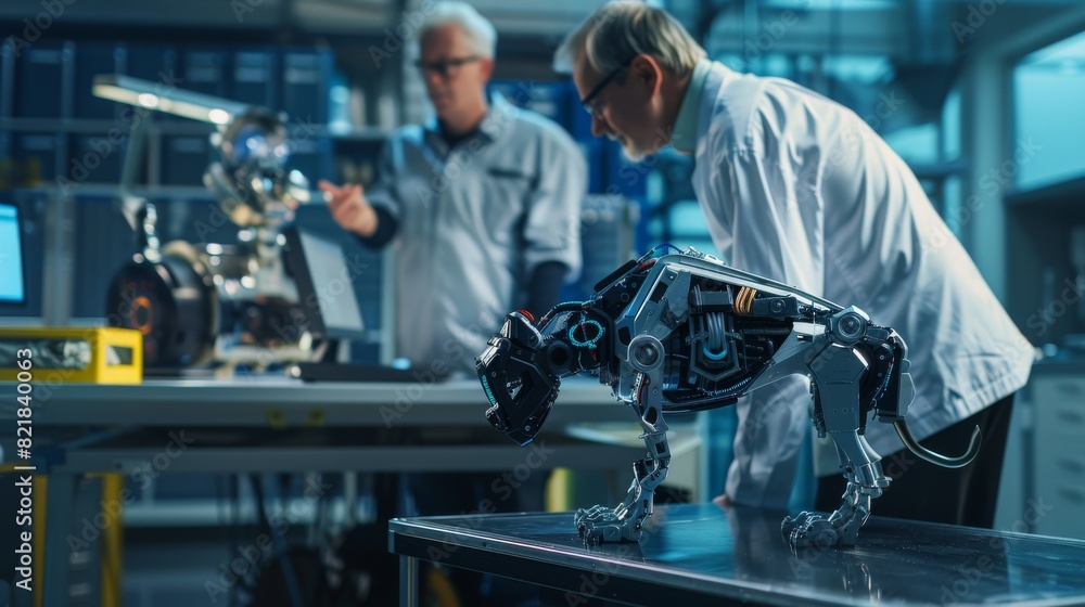 Poster a chief technology officer discusses a robot dog concept with a project manager in a high-tech resea