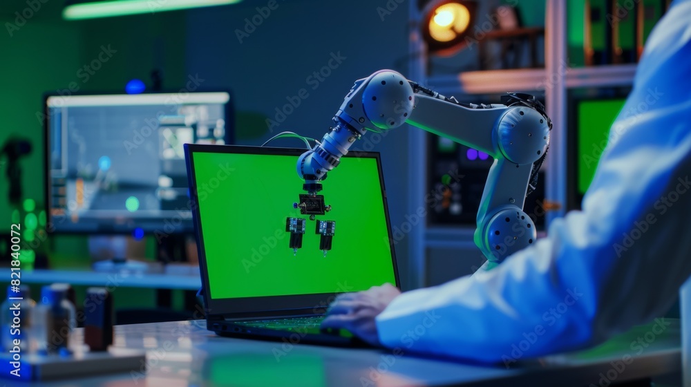 Poster the robotics engineer using a laptop computer on a green screen mockup is pointing at a microchip he