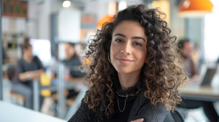 An attractive Middle Eastern manager is sitting at her desk in a creative office while her peers work in the background. She has curly hair and a big smile as she looks at the camera.